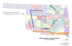A map of the senate districts of Oklahoma with potential future turnpike routes overlaid