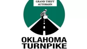 The Oklahoma Turnpike Authority Logo. A black road recedes into the distance. A thief holding a bag hunches on the horizon.