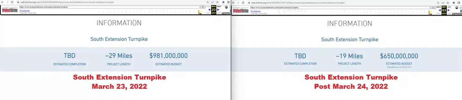 A screenshot showing the ACCESS Oklahoma Webpage changes for the East West Norman Turnpike after March 24, 2022