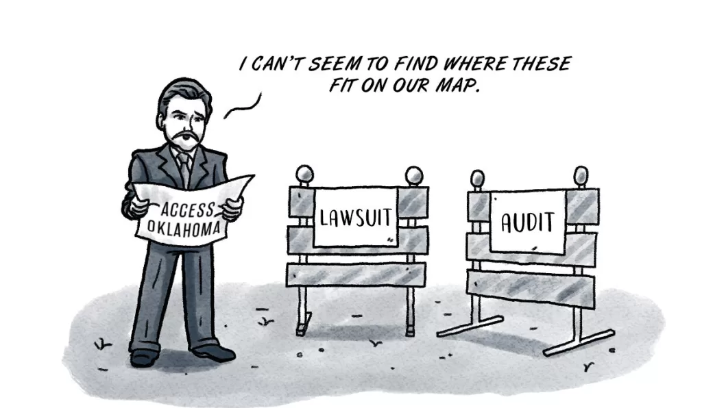 A cartoon drawing of OTA directory saying "I can't seem to find where this fits on our map" while holding a map titled ACCESS Oklahoma. To his right are two road signs titled "Lawsuit" and "Audit"