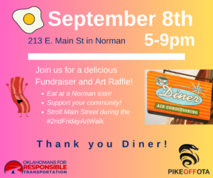 September 8th, 5-9pm, Join us at the Diner in Norman at 213 E. Main Street, for a delicious fundraiser and art raffle