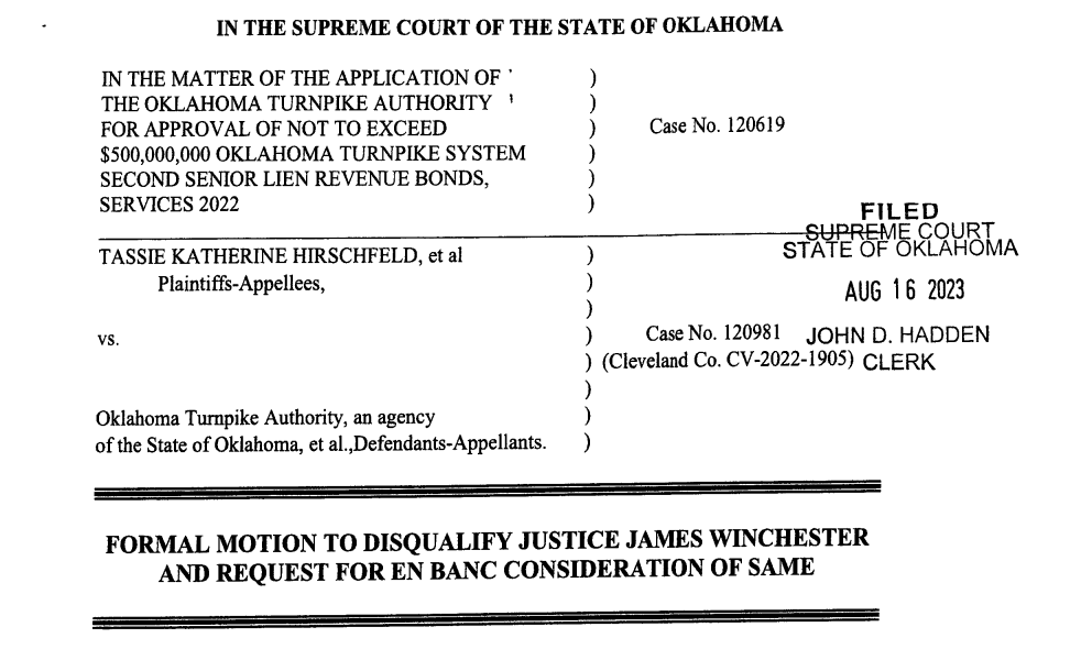 Screenshot of court document titled Formal motion to disqualfiy Justice James Winchester and request for en banc consideration of same