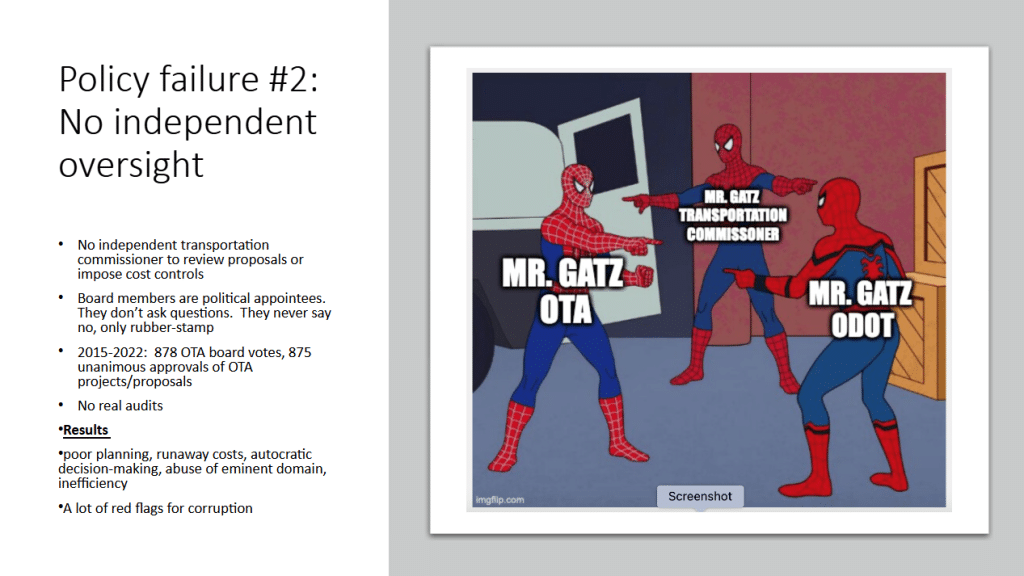 Policy Failure #2: No independent oversight results in poor planning, runaway costs, autocratic decision-making, abuse of eminent domain, inefficiency. Red flags for corruption.
